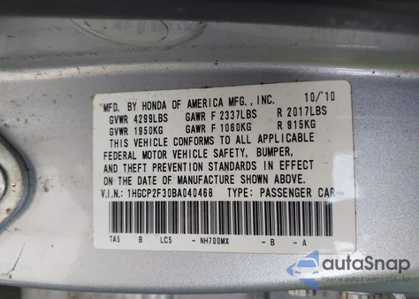 2011 Honda Accord 2.4 Lx from USA, damaged, VIN 1HGCP2F30BA040468